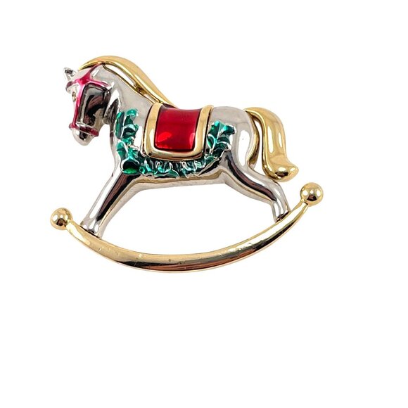 Unbranded Rocking Horse Pin Brooch Gold Tone Enameled Red Green Silver 2" - Picture 1 of 6